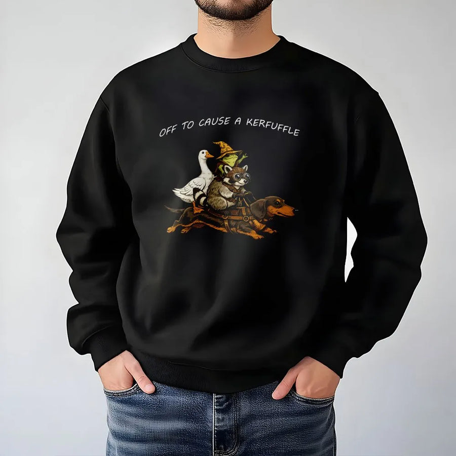 Off To Cause A Kerfuffle Sweatshirt | Funny Raccoon Riding Dachshund Graphic Tee | Premium Soft Cotton | Sarcastic Humor Gift for Animal Lovers