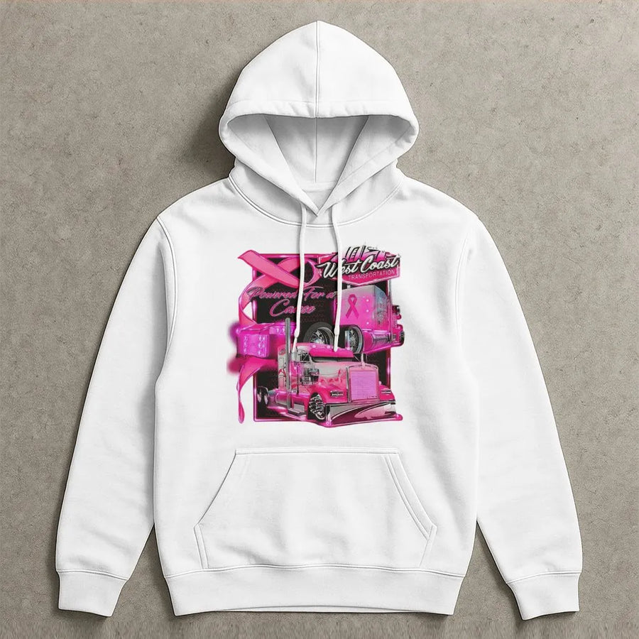 Pink Ribbon Trucker Hoodie | Breast Cancer Awareness Semi Truck Design | Premium Cotton Blend Pullover | Meaningful Gift For Truck Drivers