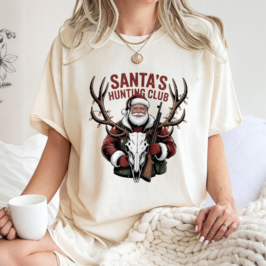 Santa's Hunting Club T-Shirt | Funny Christmas Deer Skull Graphic | Premium Cotton Unisex Tee | Unique Holiday Gift for Hunters