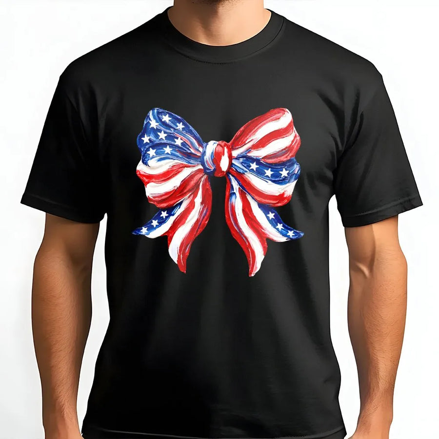 Patriotic Bow T-Shirt | Coquette USA Flag Graphic | Soft Cotton Blend Crewneck | 4th of July Gift for Her