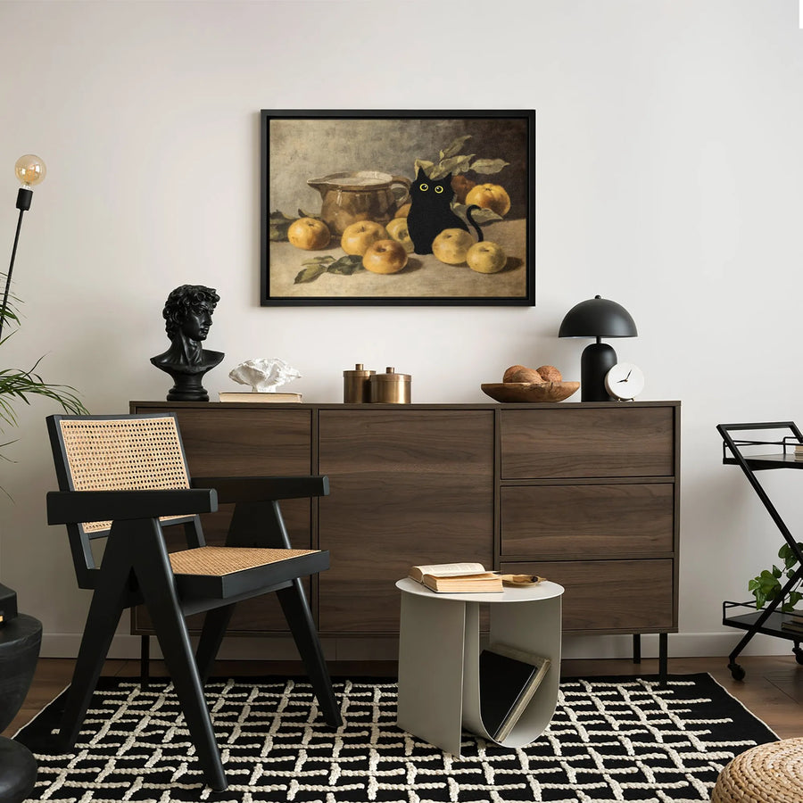 Black Cat Still Life Canvas Print | Whimsical Vintage Oil Painting Style | Premium Gallery Wrapped Decor | Unique Gift for Cat Lovers