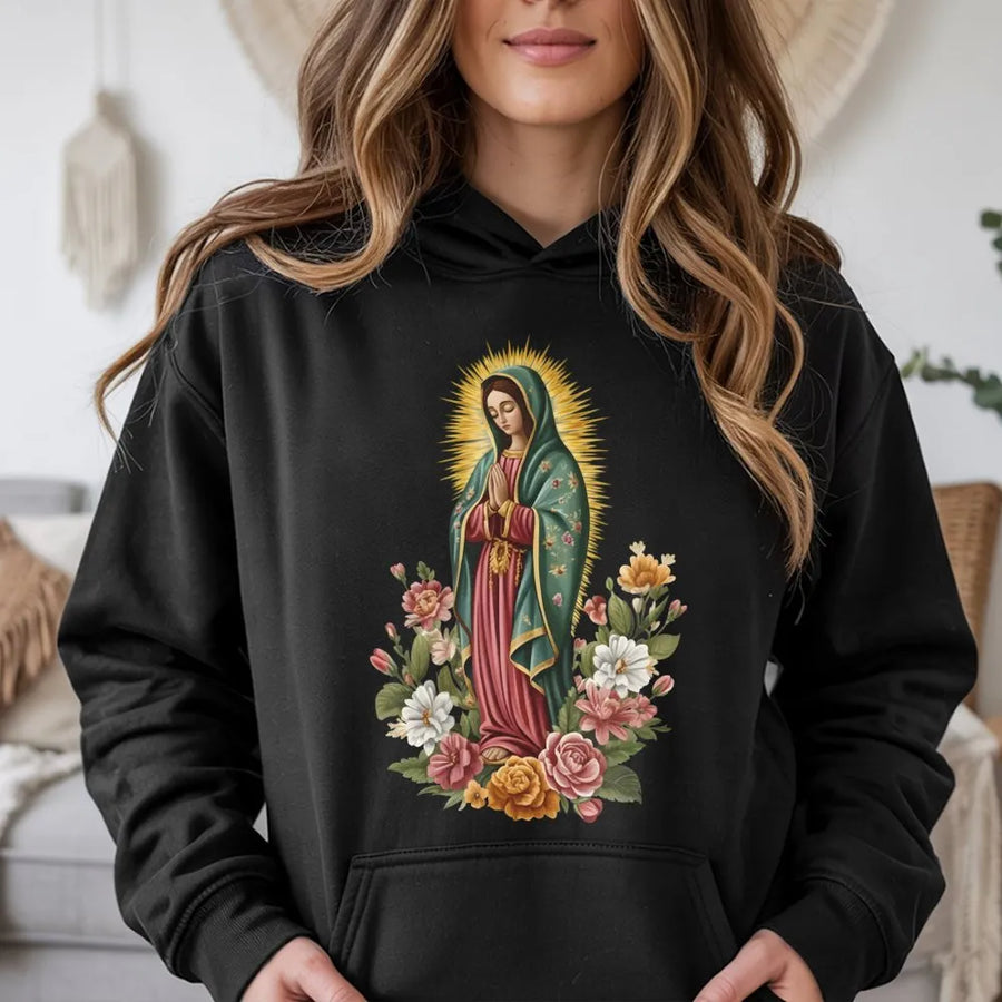Our Lady Of Guadalupe Hoodie | Floral Virgin Mary Graphic Art | Premium Soft Cotton Blend | Catholic Faith Christian Gift For Her