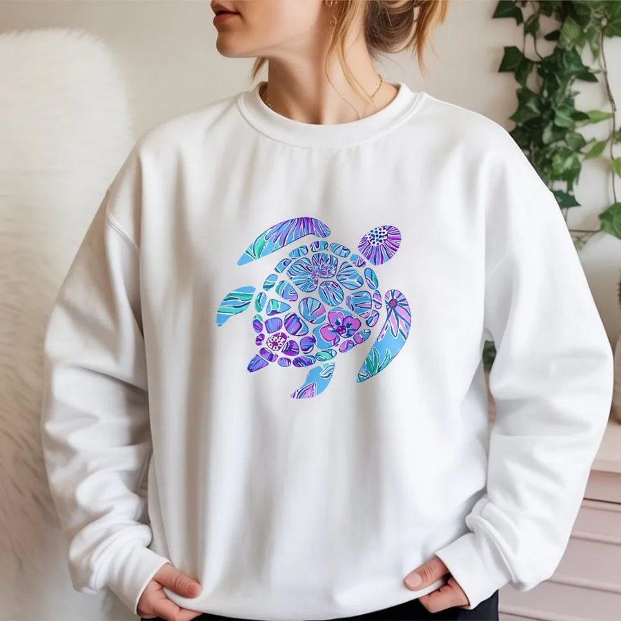 Floral Sea Turtle Sweatshirt | Colorful Marine Life Graphic Sweatshirt | Soft Cotton-Blend Pullover | Coastal Beach Gift for Ocean Lovers