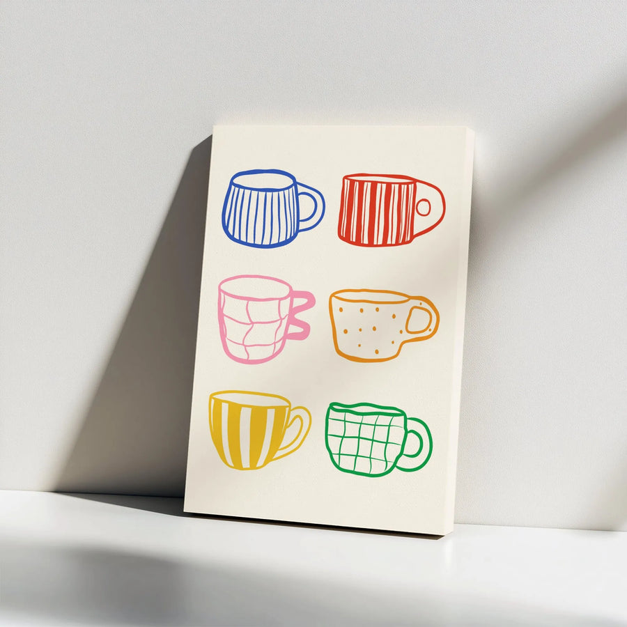 Colorful Coffee Mug Wall Art | Hand-Drawn Doodle Pattern Print | 1.25" Premium Gallery Wrapped Canvas | Kitchen Decor Gift for Coffee Lovers