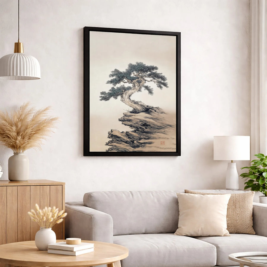Chinese Ink Wash Pine Tree Canvas Art | Traditional Zen Landscape Painting | Gallery Wrapped Premium Canvas | Serene Home Office Decor Gift