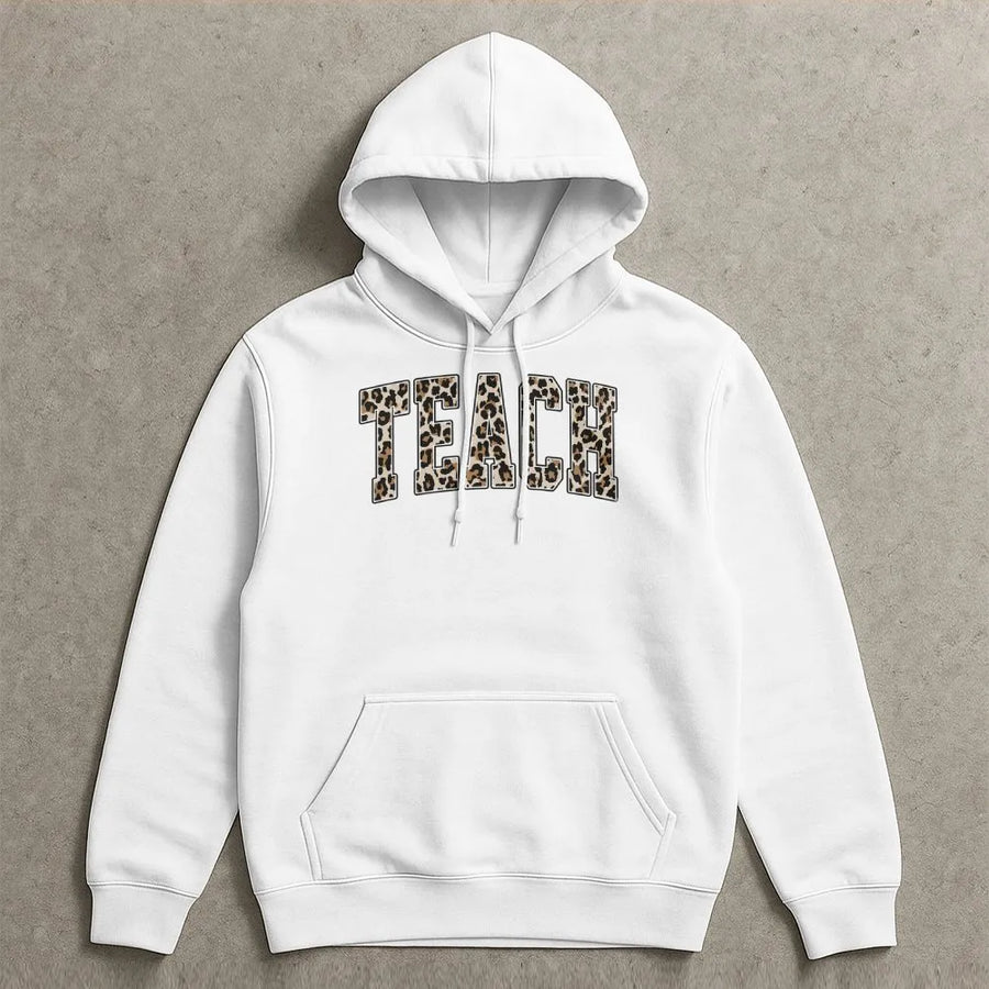 Leopard Teacher Hoodie | Trendy Animal Print Educator Graphic | Soft Cotton-Polyester Blend | Perfect Gift for School Teachers and Staff