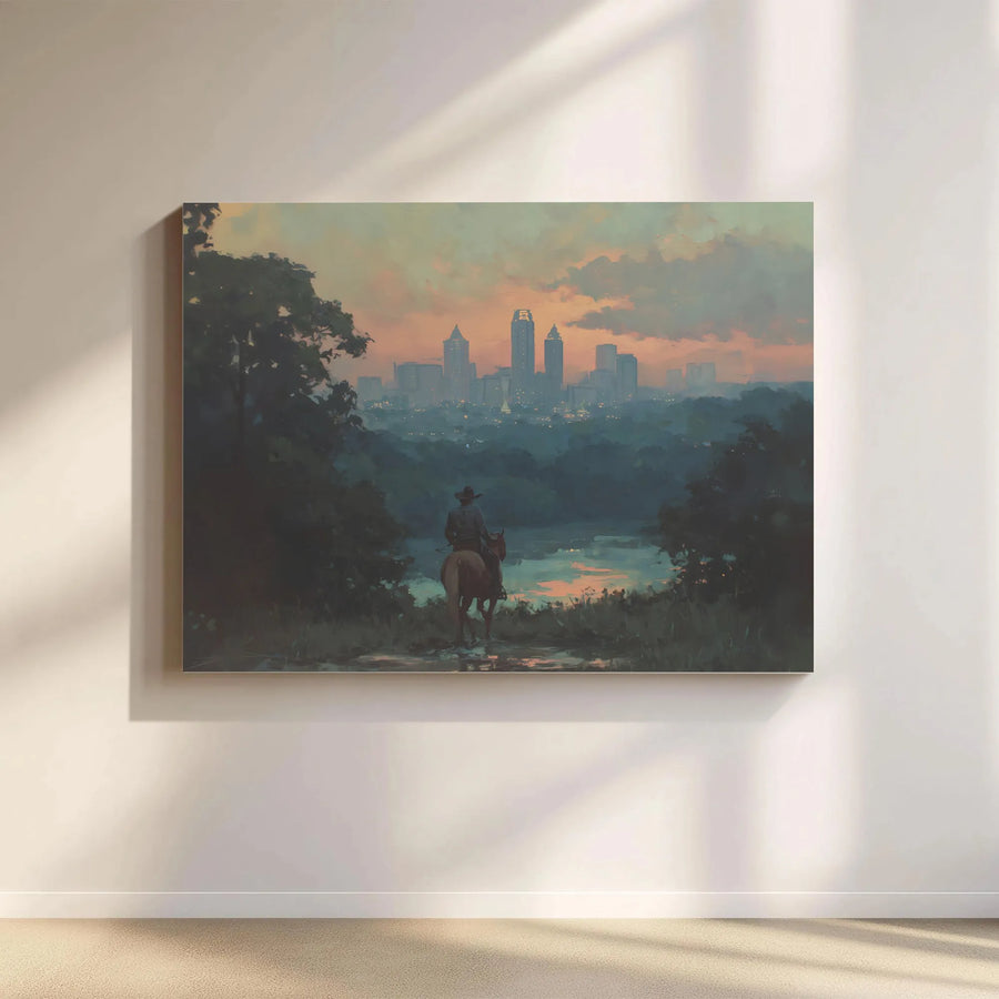 Charlotte NC Skyline Canvas Print | Cowboy Overlooking Cityscape | Premium Gallery Wrapped Art | Western Home Decor Gift for Men