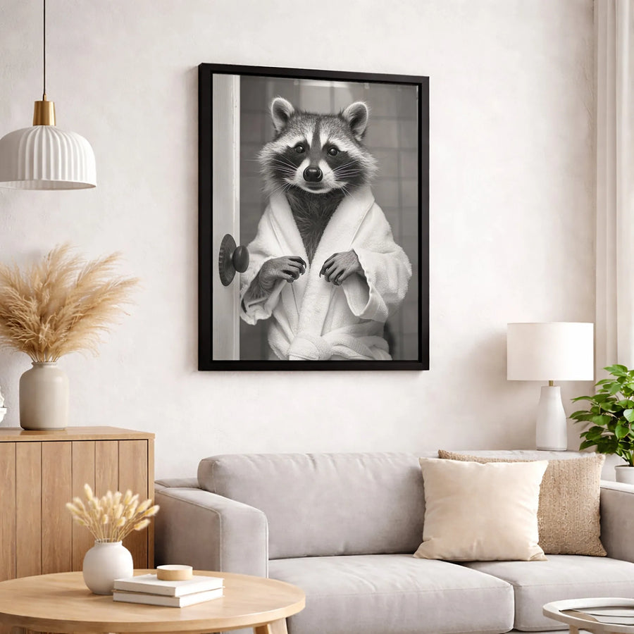 Raccoon in Bathrobe Wall Art | Whimsical Bathroom Animal Portrait | Premium Gallery-Wrapped Canvas | Funny Home Decor Gift for Animal Lovers