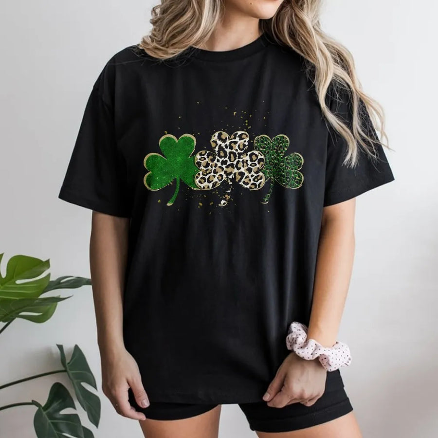 St Patrick's Day Shamrock T-Shirt | Leopard Print Clover Graphic | Soft Premium Cotton Tee | Women's Lucky Irish Gift