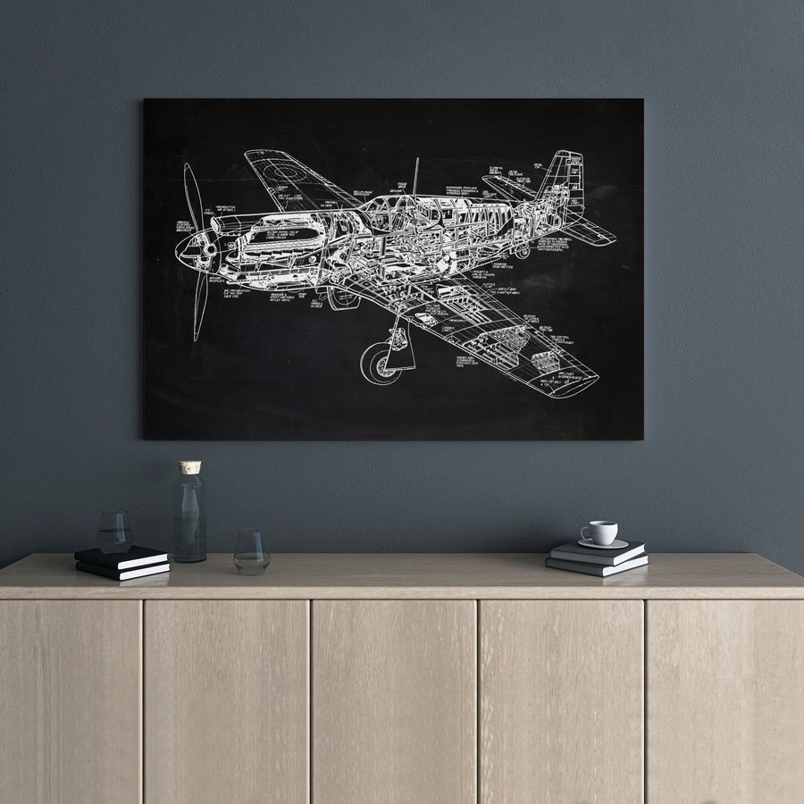 P-51 Mustang Aircraft Blueprint Canvas | Vintage Aviation Cutaway Schematic Art | Premium Gallery Wrapped Wall Decor | Gift for Pilot and History Buffs