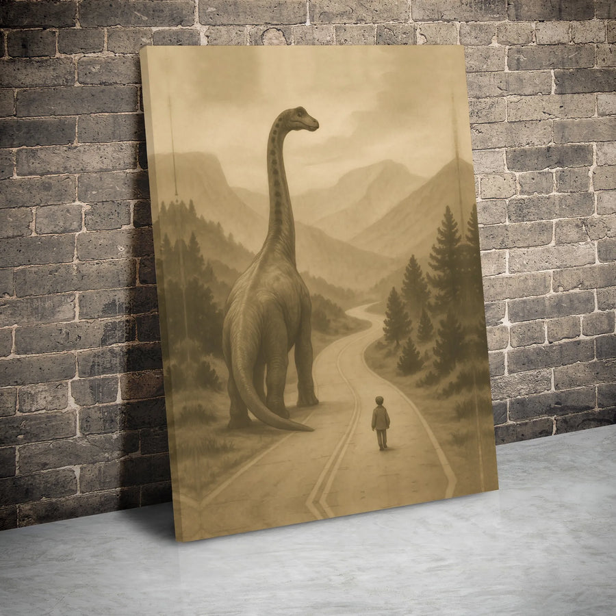 Dinosaur Wall Art | Surreal Boy and Brachiosaurus Landscape | Premium Gallery-Wrapped Canvas | Unique Nursery or Office Decor Gift