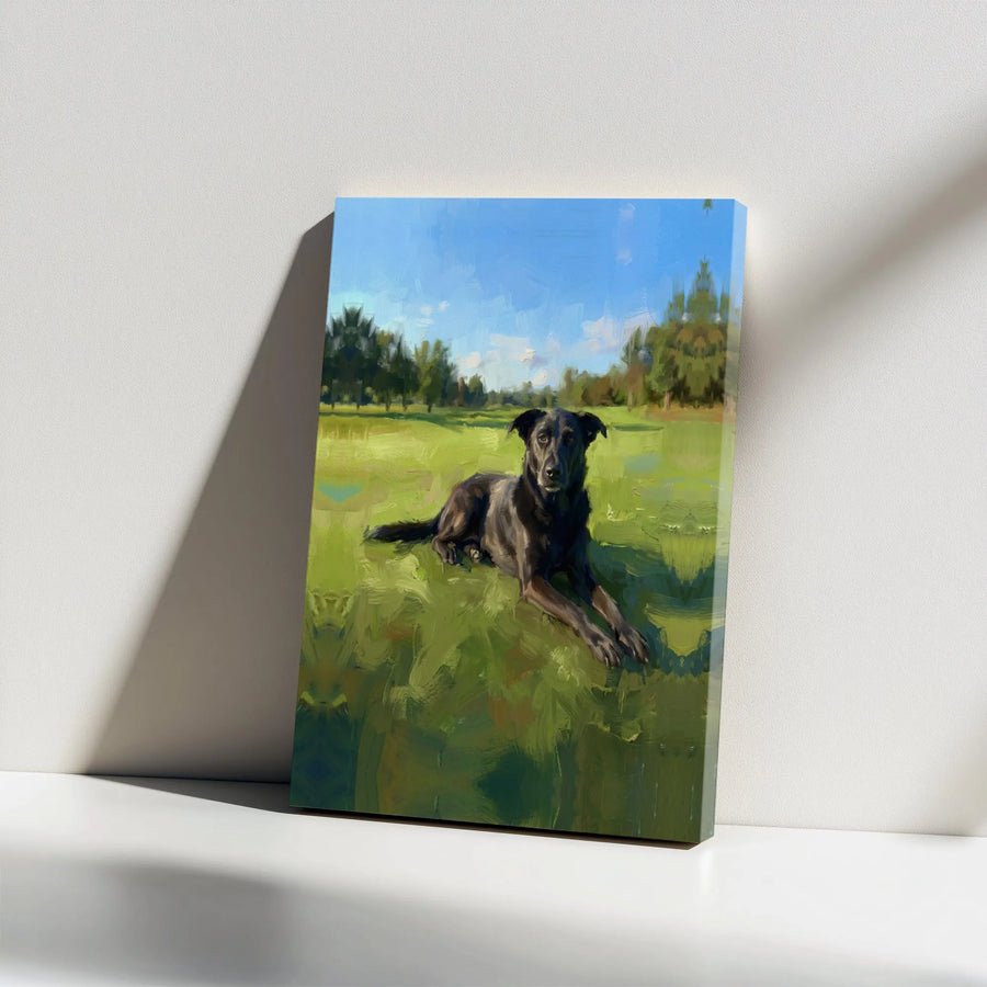 Black Dog Canvas Wall Art | Impressionist Field Portrait | Premium 1.25 Inch Gallery Wrap | Dog Lover Home Decor Gift