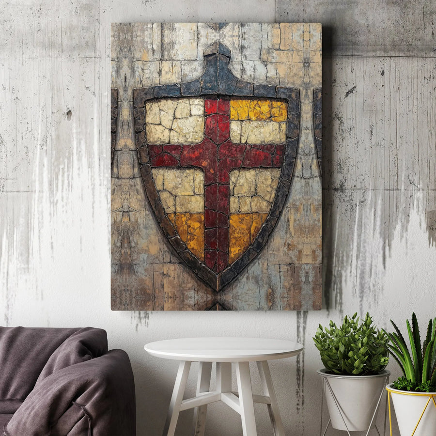 Medieval Knights Shield Canvas Wall Art | Rustic Stone Crusader Cross Print | Premium Gallery-Quality Canvas | Collector's Gift for Him