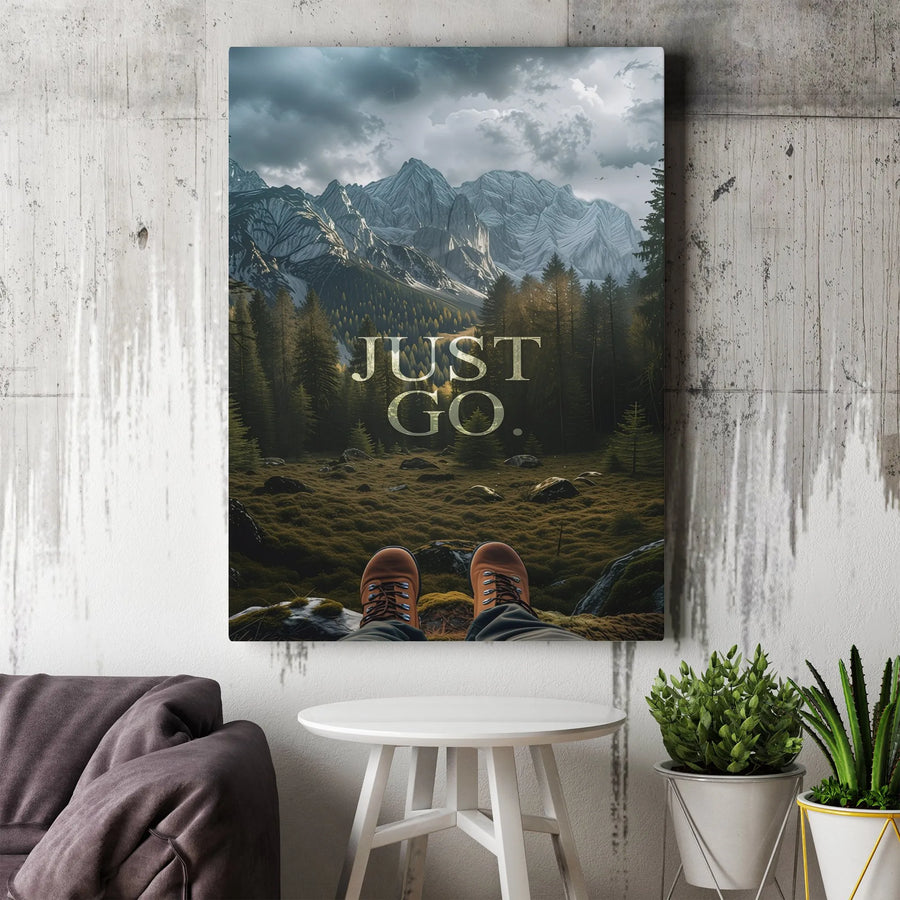 Just Go Motivational Canvas Wall Art | Mountain Forest Landscape Print | Premium Thick Gallery Wrap Canvas | Inspirational Gift for Hiker