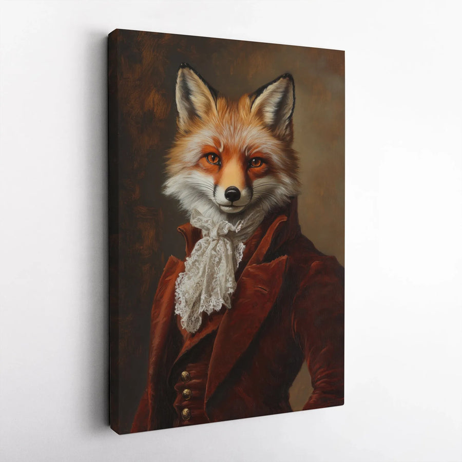 Gentleman Fox Vertical Canvas | Victorian Animal Portrait Painting | Premium Gallery Style Wall Art | Unique Home Decor Gift for Office