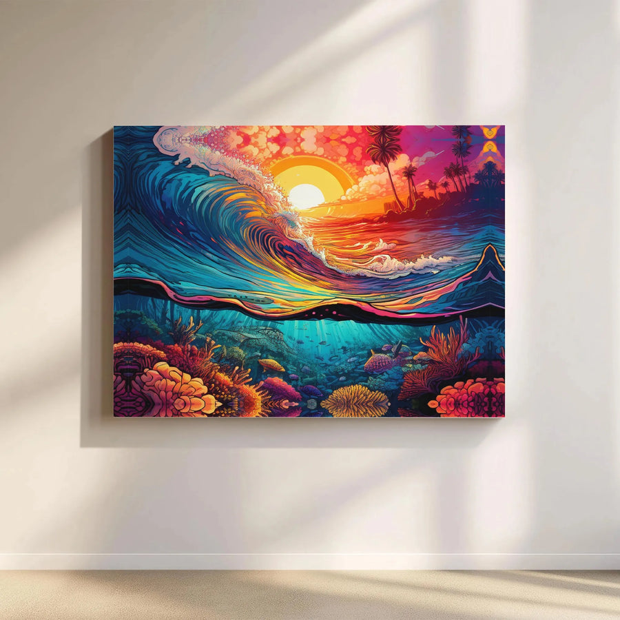 Ocean Sunset Wall Art Canvas | Vibrant Coral Reef Split View | 1.25 Inch Gallery Wrap | Coastal Home Decor Gift for Beach Lovers