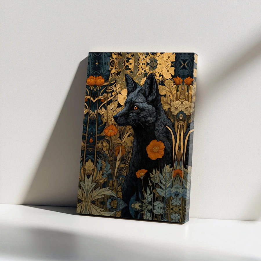 Black Fox Canvas Wall Art | Art Nouveau Floral Print | Premium Gallery Wrapped Canvas | Dark Cottagecore Decor Gift