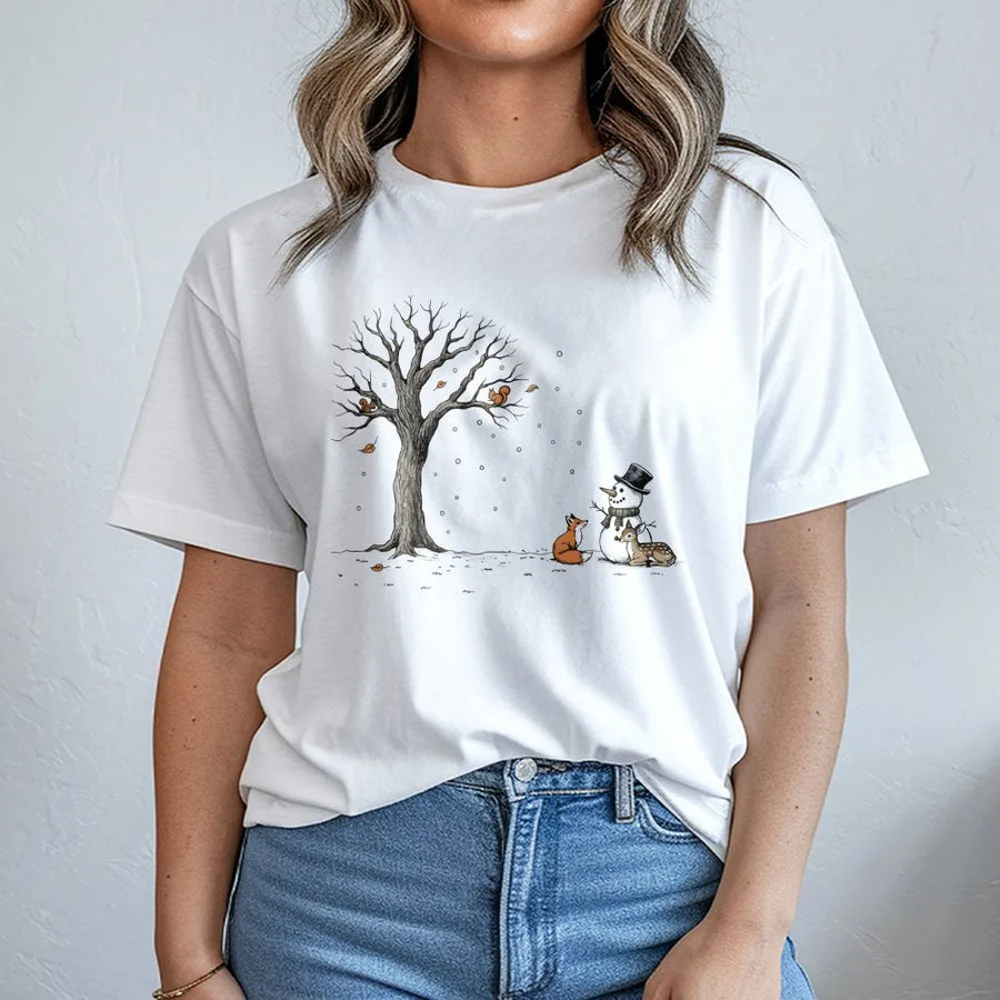 Winter Forest Animals T-Shirt | Cute Snowman and Woodland Critters Graphic | Premium Soft Cotton | Holiday Gift for Nature Lovers