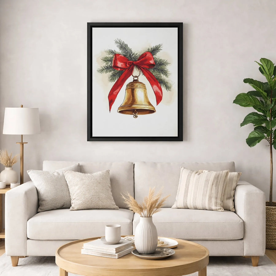 Christmas Bell Wall Art | Watercolor Holiday Decor with Red Bow and Pine | Premium 1.25-Inch Gallery Wrapped Canvas | Festive Seasonal Home Gift