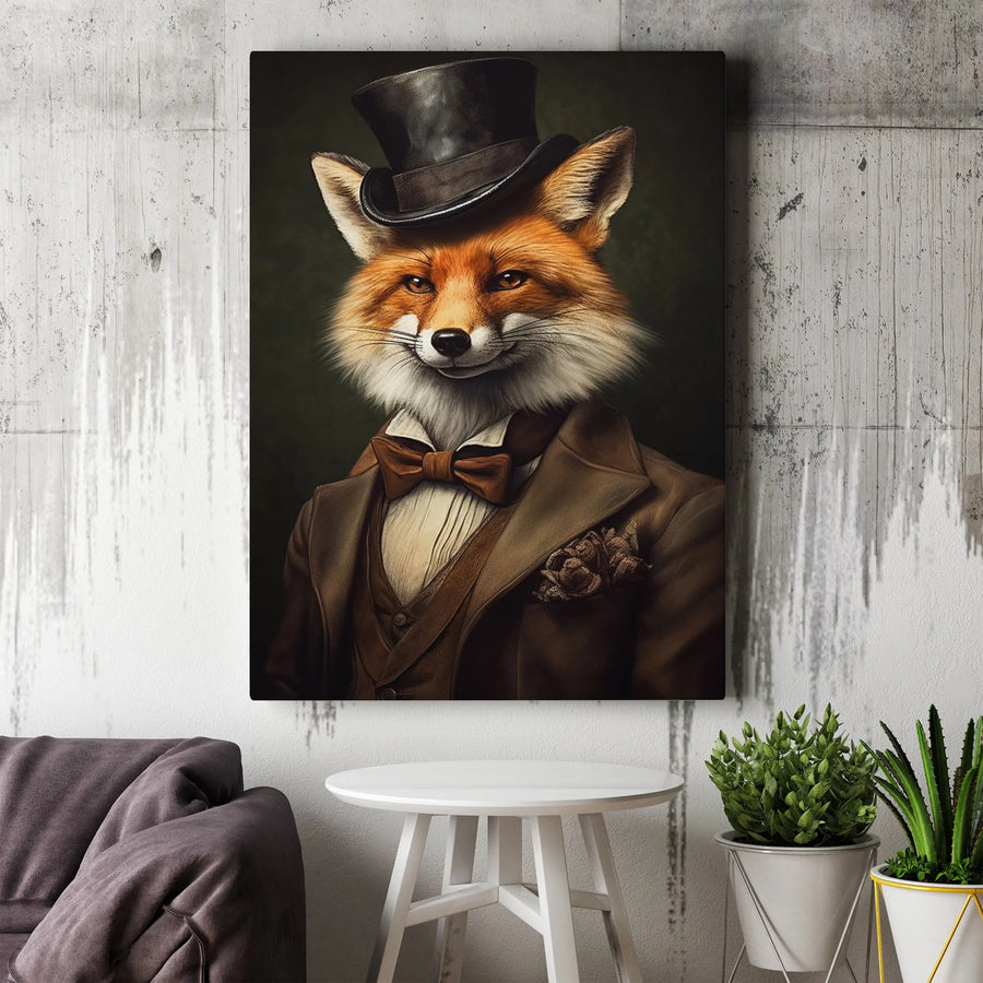 Dapper Fox Wall Art | Gentleman Fox Portrait in Top Hat | Premium Gallery Wrap Canvas | Whimsical Animal Home Decor Gift
