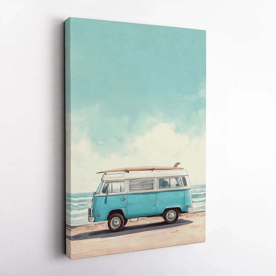 Coastal Surf Van Canvas Wall Art | Vintage Beach Bus Illustration | Premium Gallery Wrap Print | Aesthetic Summer Decor for Home Office