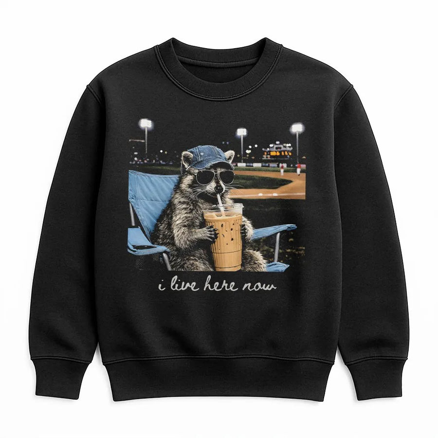 Raccoon Baseball Mom Sweatshirt | Funny I Live Here Now Graphic | Premium Cotton Blend | Gift For Softball Tournament Fans