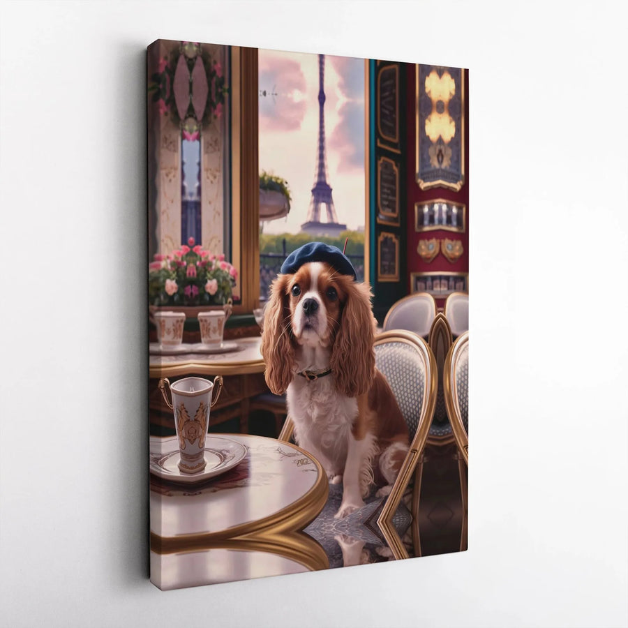 Cavalier King Charles Spaniel Wall Art | Paris Cafe Dog In Beret | Premium Gallery Wrapped Canvas | Chic Pet Lover Home Decor Gift