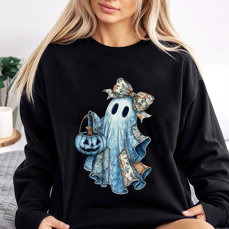 Cute Ghost Sweatshirt | Denim Patchwork Pumpkin Design | Premium Cotton Blend | Aesthetic Halloween Gift For Women And Teens
