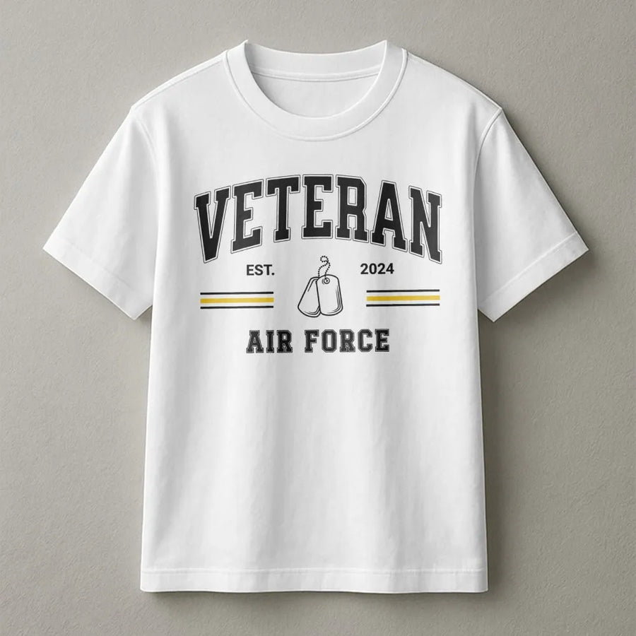 US Air Force Veteran T-Shirt | Varsity Athletic Style Dog Tags | Premium Soft Cotton | Retirement Gift for Air Force Veteran Men and Women