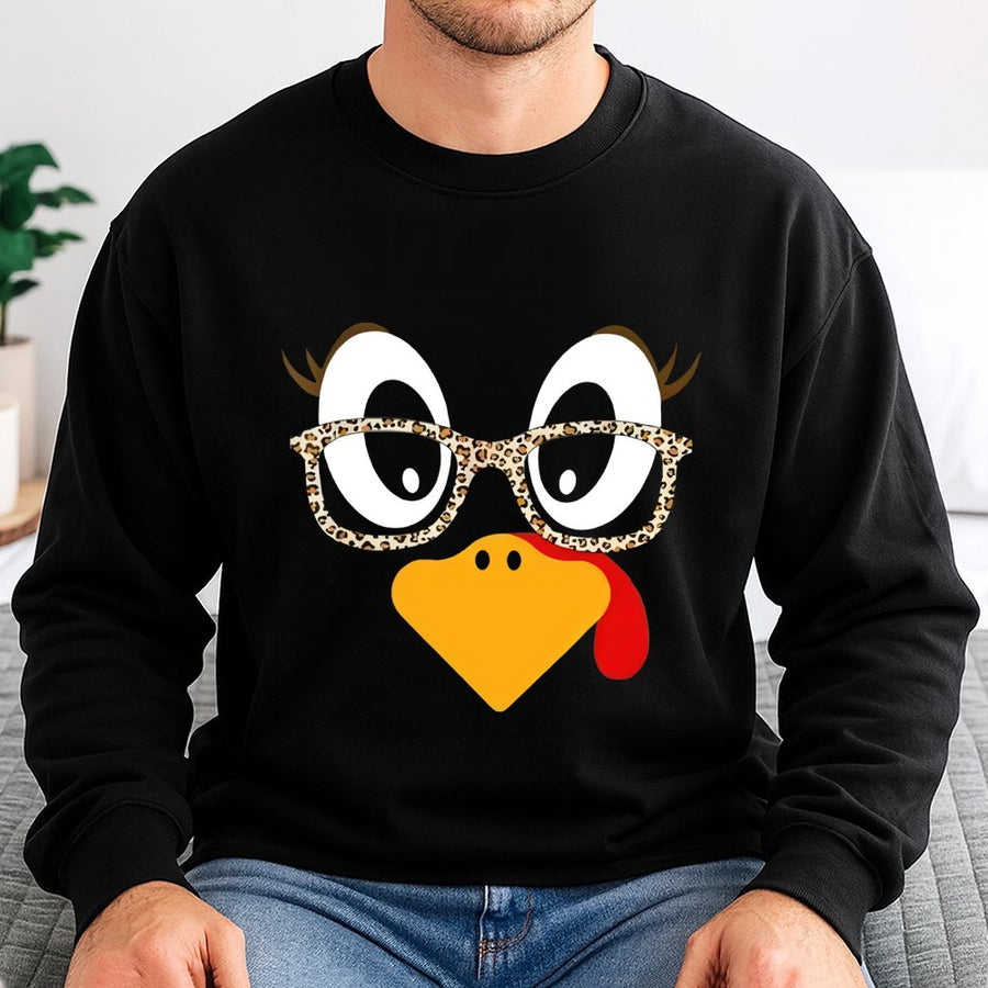 Funny Thanksgiving Turkey Sweatshirt | Leopard Print Glasses Design | Premium Cotton Blend | Cute Holiday Gift for Teachers and Women