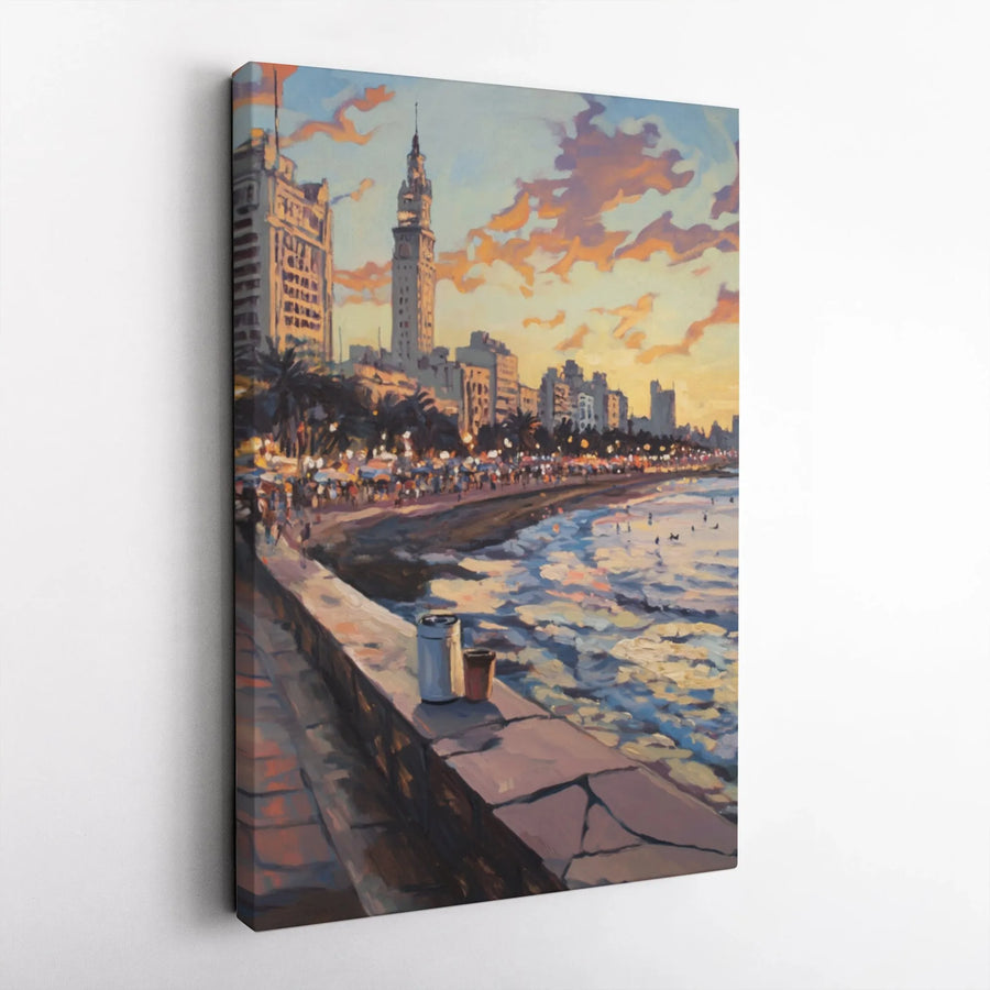 Montevideo Uruguay Canvas Print | Coastal Beach Promenade Sunset Impressionist Wall Art | 1.25" Gallery Wrap | Premium Travel Decor Gift