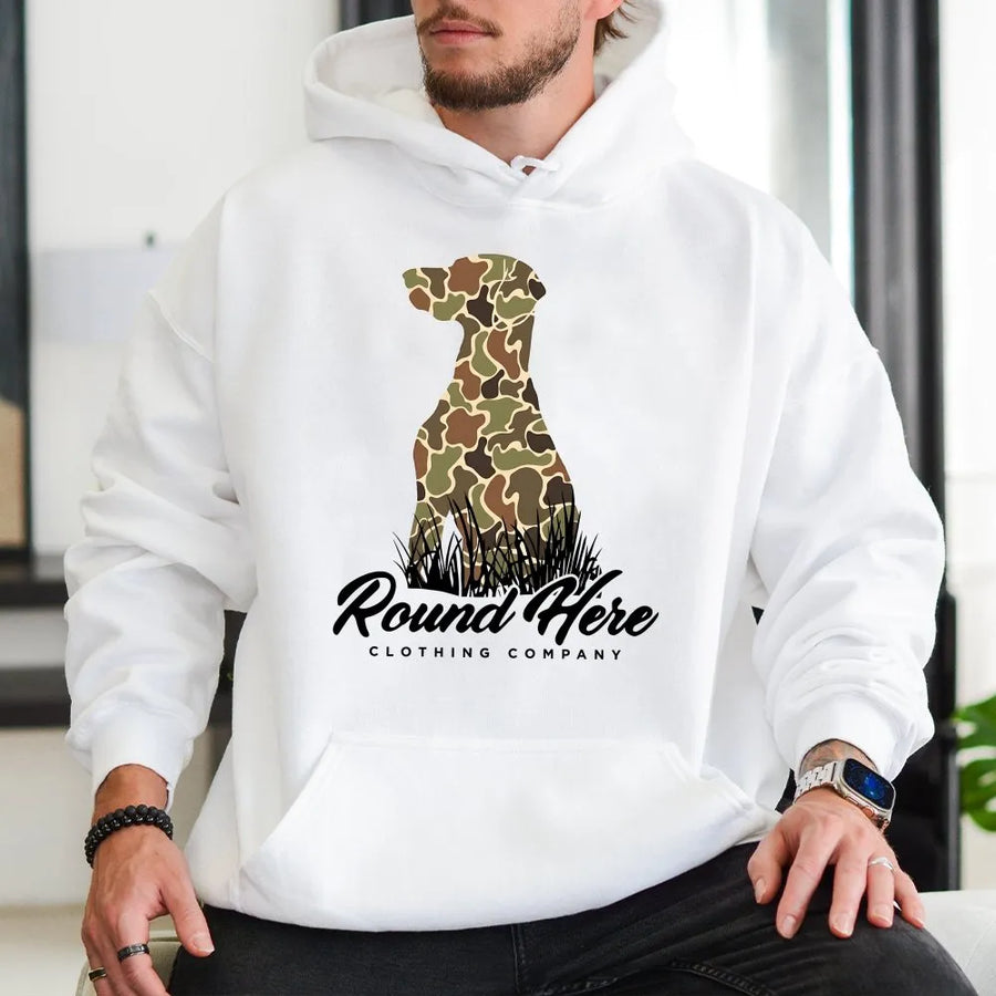 Camo Hunting Dog Hoodie | Retriever Silhouette Graphic | Premium Cotton | Outdoor Country Lifestyle Gift for Men