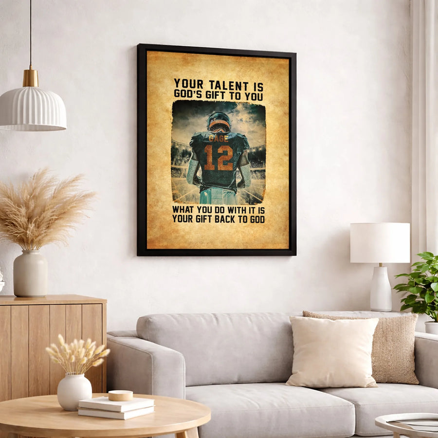 Football Player Wall Art | Inspirational God Quote Sports Decor | Gallery-Wrapped Canvas Print | Religious Athlete Gift for Boys Room