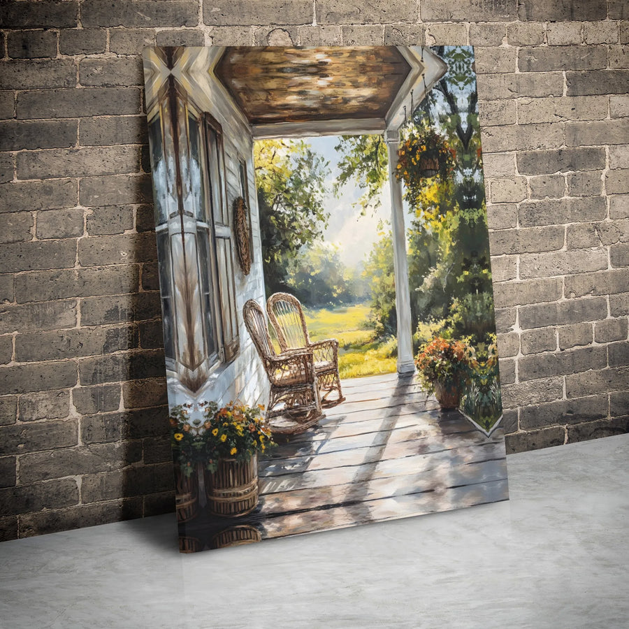 Rustic Porch Canvas Wall Art | Sunny Farmhouse Rocking Chair Scene | Premium Gallery Wrap Print | Peaceful Country Home Decor Gift