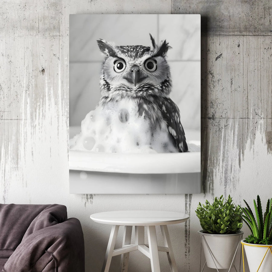Funny Owl Vertical Canvas Print | Surprised Bird in Bathtub Black & White Photo | Premium Wall Art | Quirky Bathroom Decor & Housewarming Gift