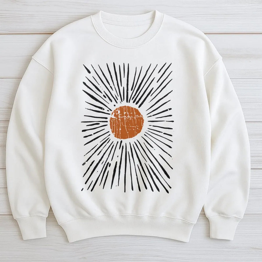 Sunburst Graphic Sweatshirt | Retro Bohemian Line Art Design | Premium Cotton Blend | Unisex Artistic Gift for Nature Lovers