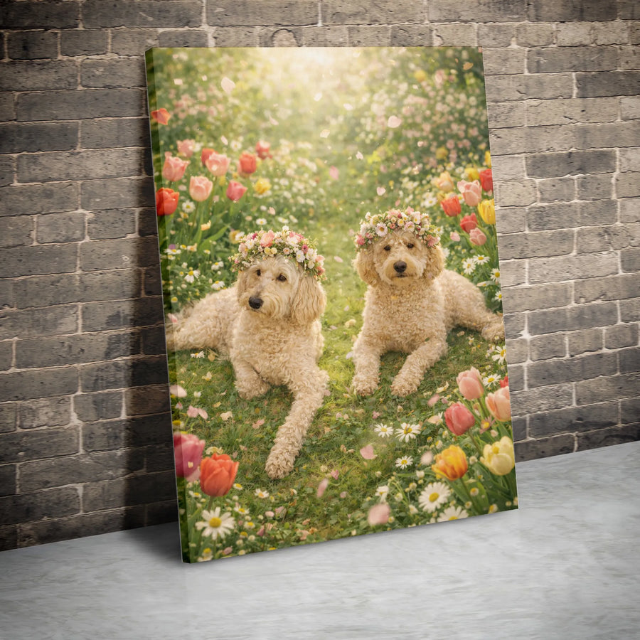 Goldendoodle Canvas Wall Art | Two Doodles with Flower Crowns in Spring Garden | Premium Gallery Wrapped Canvas | Gift for Dog Lover & Cottagecore Decor