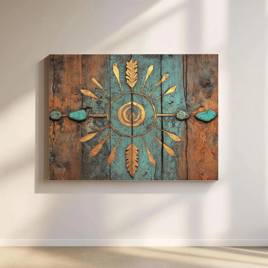 Southwestern Sun Canvas Print | Rustic Wood with Gold & Turquoise Medallion | Premium Gallery Wrap Canvas | Boho Living Room Decor Gift