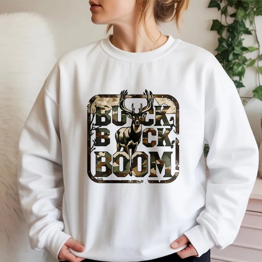 Buck Buck Boom Hunting Sweatshirt | Camo Deer Graphic Print | Premium Cotton Blend Unisex Pullover | Gift for Outdoorsmen and Deer Hunters