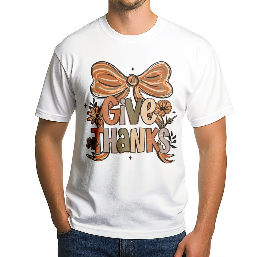 Give Thanks T-Shirt | Coquette Aesthetic Bow Floral Graphic | Premium Soft Cotton | Thanksgiving Outfit Gift For Women And Girls