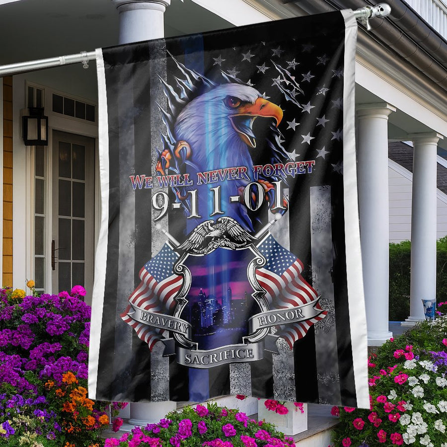 9/11 Memorial Garden Flag | We Will Never Forget Eagle & Twin Towers Tribute | Premium Weather-Resistant Polyester | Patriotic Garden Decor Gift