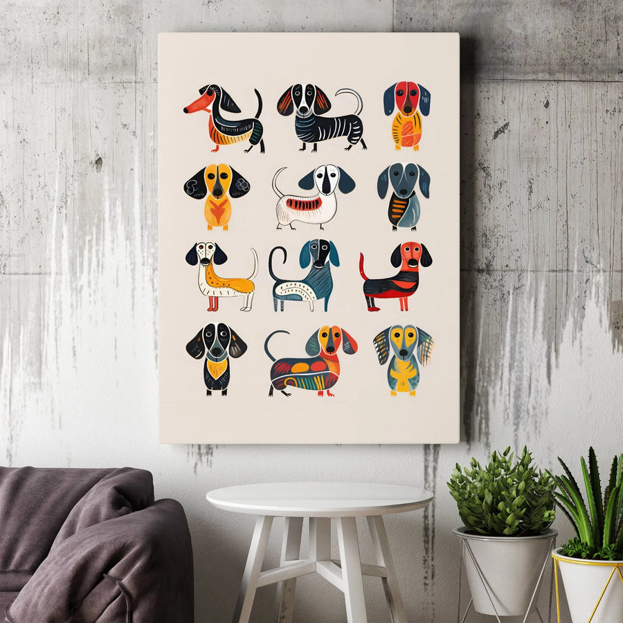 Dachshund Wall Art | Colorful Dog Illustration Print | 1.25 Inch Gallery Wrapped Premium Canvas | Whimsical Wiener Dog Gift for Dog Lovers