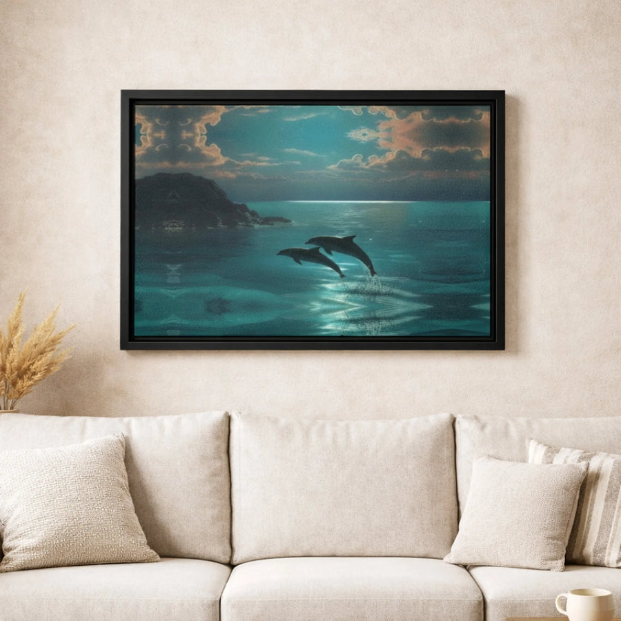 Dolphin Ocean Canvas Wall Art | Moonlight Sea Landscape Print | Gallery Quality 1.25” Thick Canvas | Coastal Home Decor Gift for Ocean Lovers