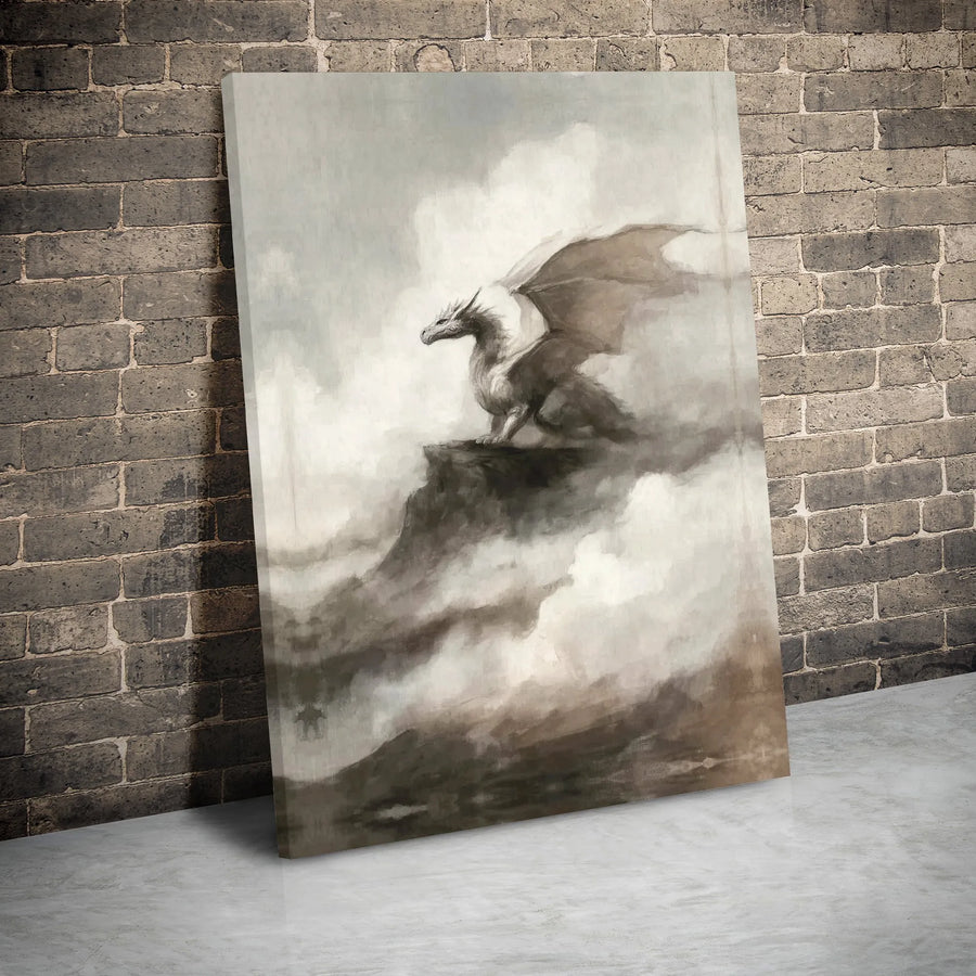 Fantasy Dragon Canvas Wall Art | Misty Mountain Cliff Watercolor Painting | Premium Gallery Wrapped Decor | Mythical Creature Gift For Fantasy Fans