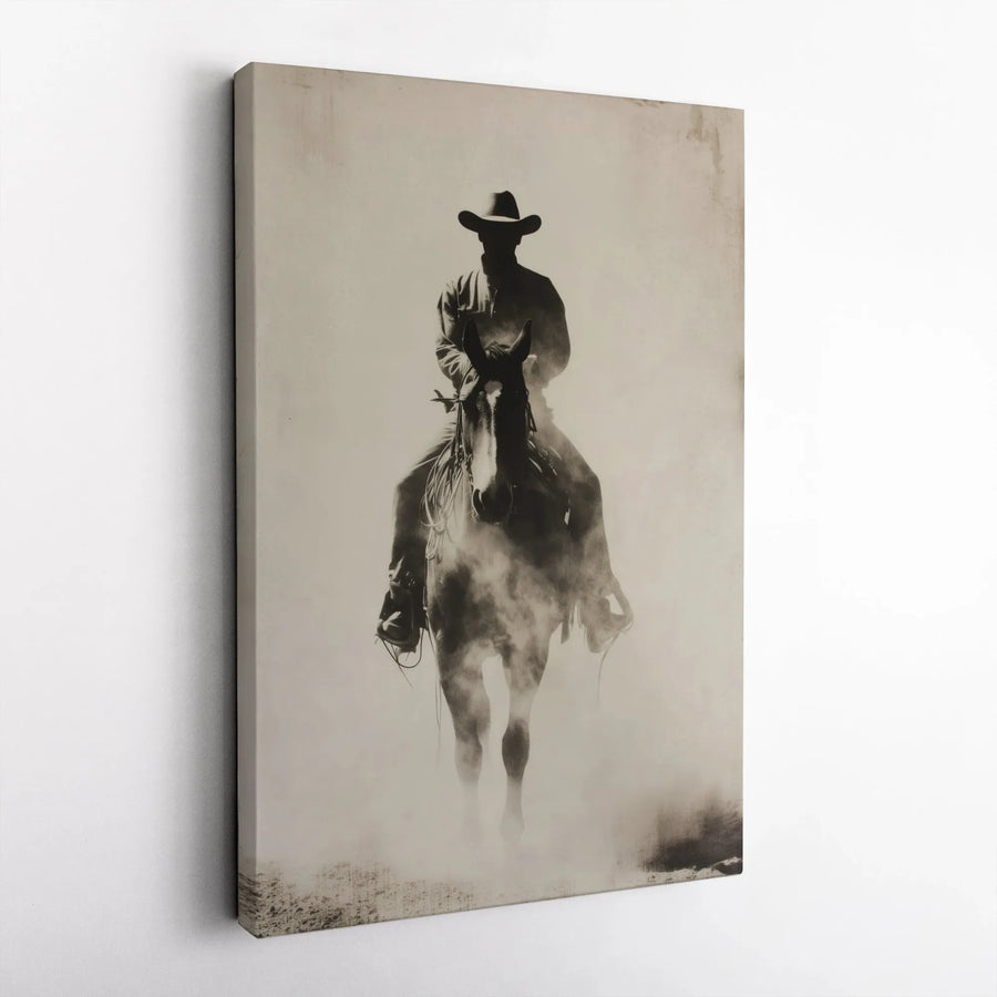 Western Cowboy Wall Art | Vintage Horse Riding Silhouette Print | Premium Gallery Wrapped Canvas | Rustic Home Decor Gift for Him