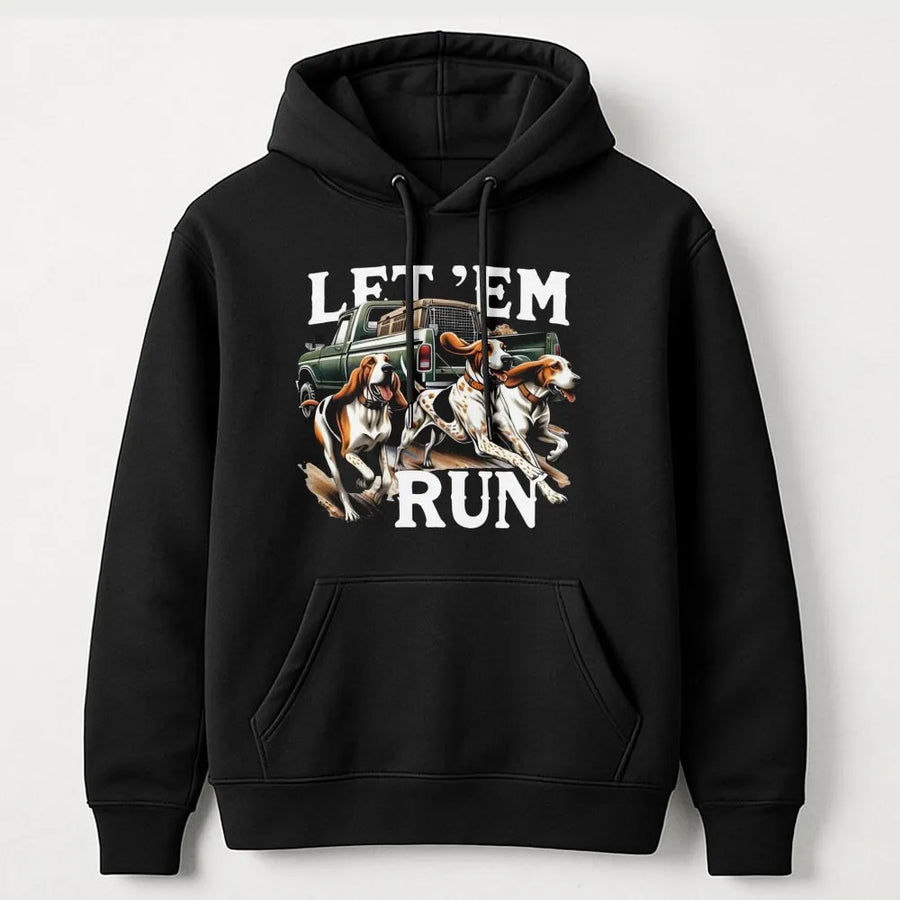 Hound Dog Hoodie | Let Em Run Hunting Pickup Truck Graphic | Premium Cotton Blend | Gift for Hunter and Dog Lover