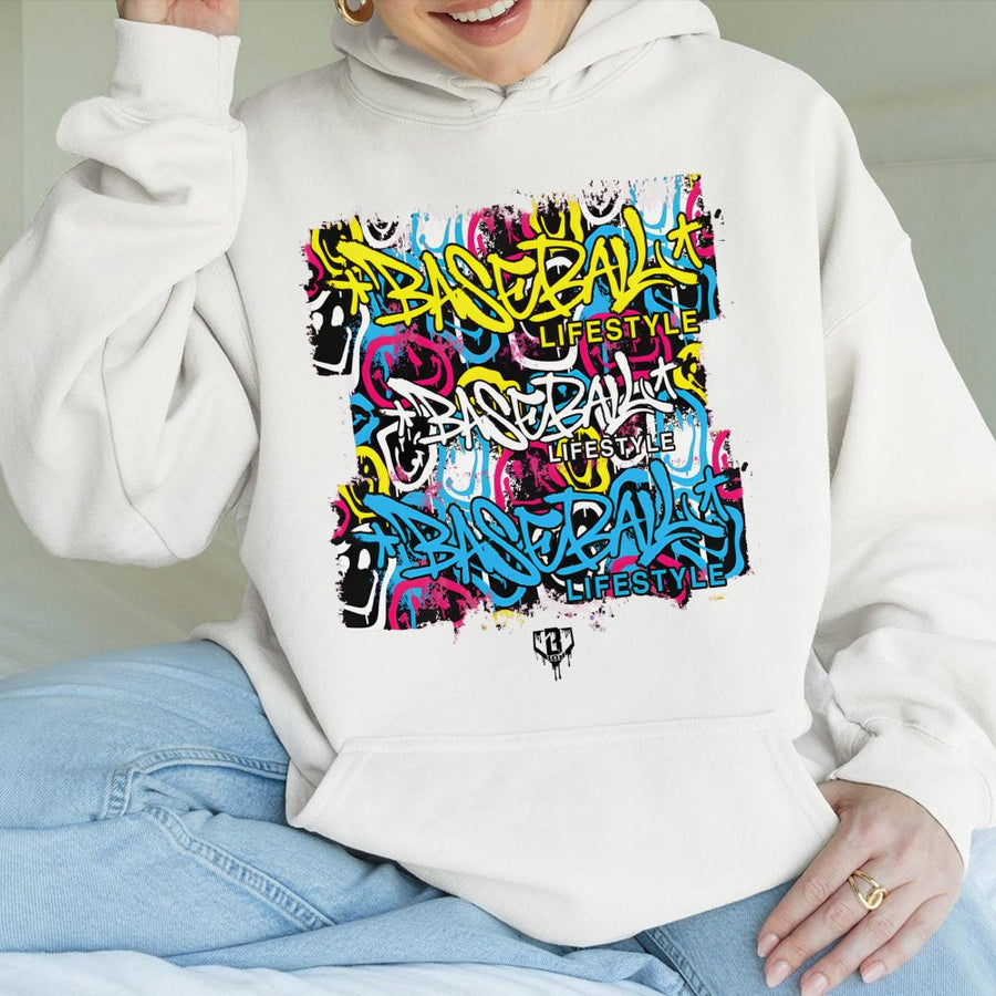Baseball Lifestyle Graffiti Hoodie | Urban Smiley Face Graphic Tee | Premium Cotton-Blend Streetwear | Unique Gift For Baseball Fans