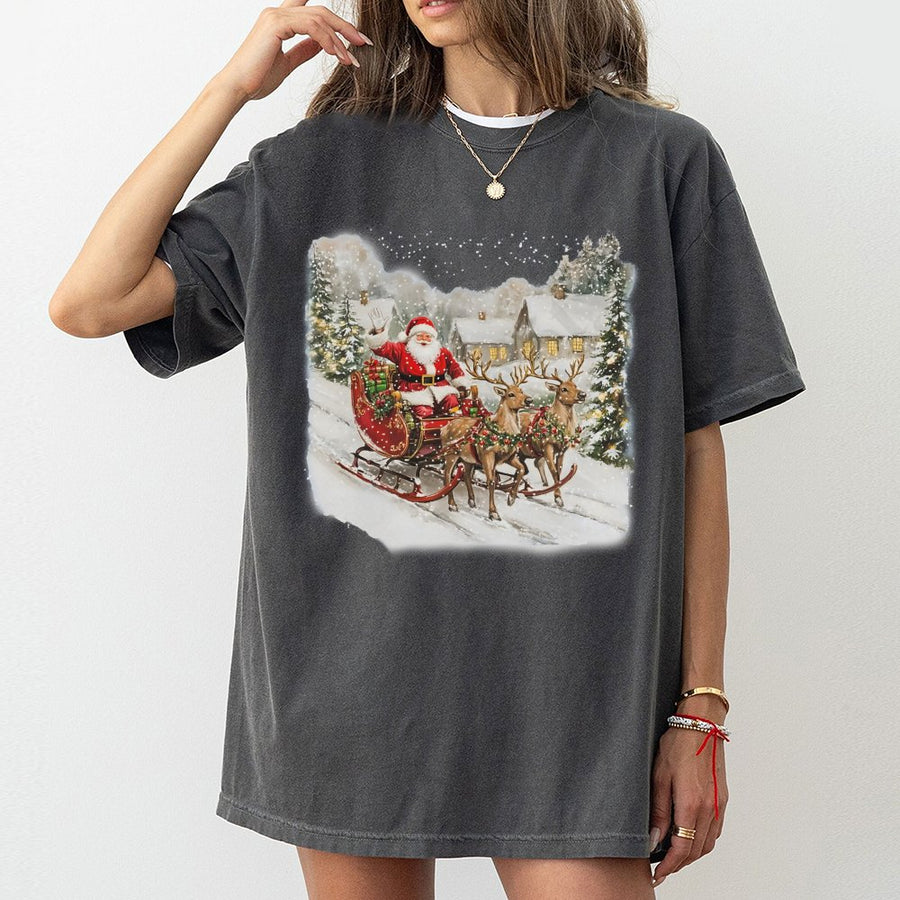 Vintage Santa T-Shirt | Classic Christmas Reindeer Sleigh Graphic | Premium 100% Cotton | Festive Holiday Gift for Adults