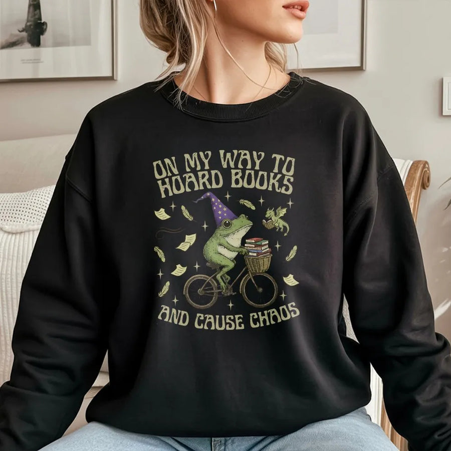 Funny Frog Book Lover Sweatshirt | Hoard Books Cause Chaos Graphic | Vintage Cottagecore Style | Unisex Bookish Gift for Readers