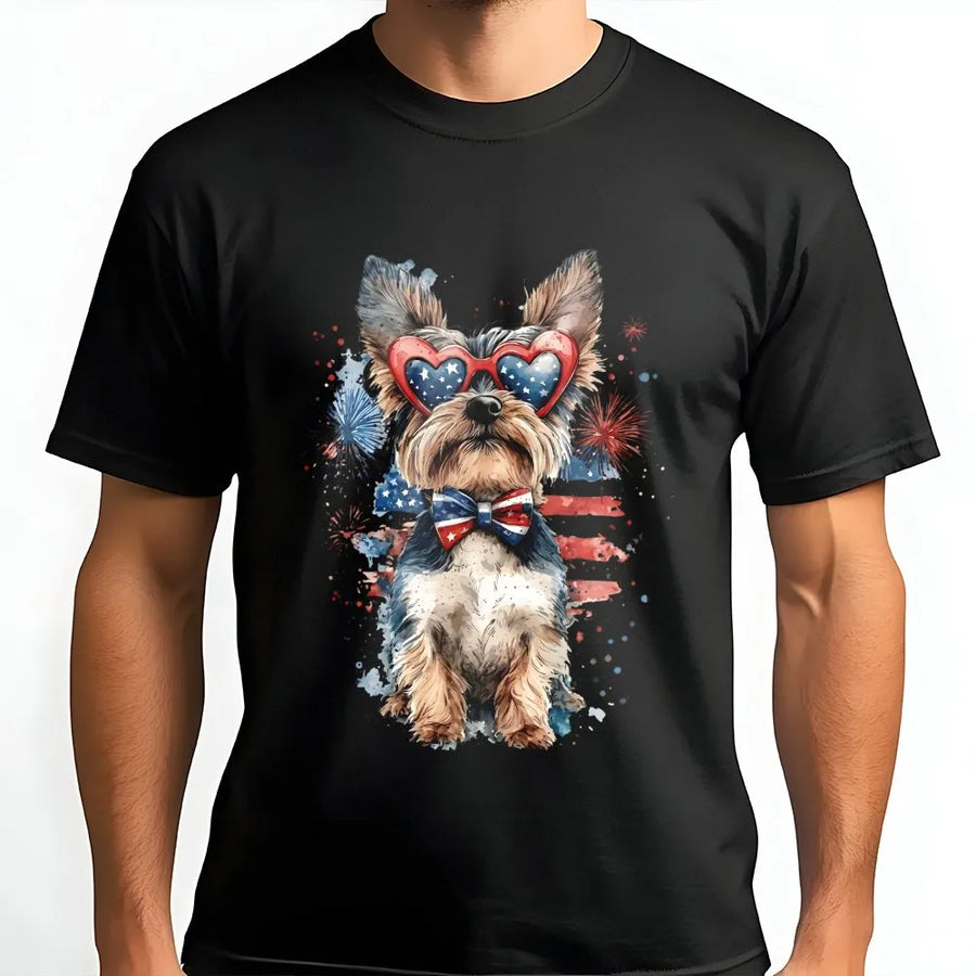 Patriotic Yorkie T-Shirt | Watercolor American Flag Graphic | Premium Cotton Blend | 4th of July Gift for Dog Lover